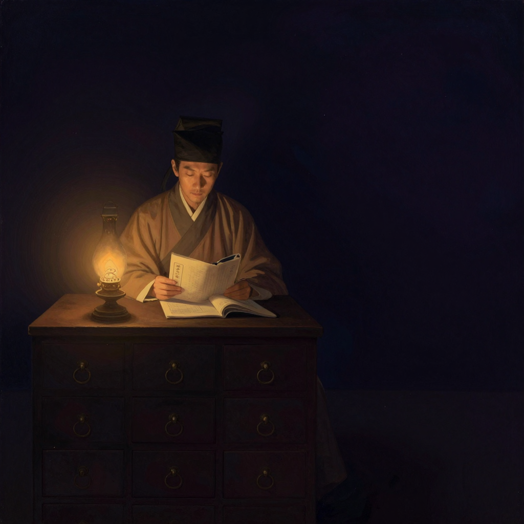 李东垣：一位身着宋代圆领儒袍、头戴方巾的医者端坐于老药柜前，手中展开一卷书册，书页留空，药柜抽屉错落、铜环轻垂，台上一盏旧灯是画
