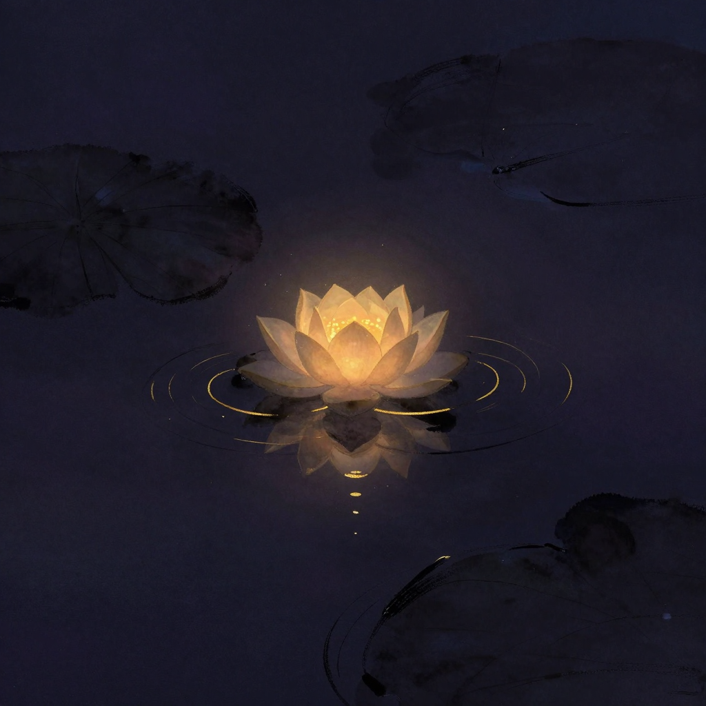 色相：水面浮着一朵清晰莲花的倒影，边缘因细微波纹而略模糊，莲花本体隐于画外，仅余虚影沉于水中，四周大片空寂