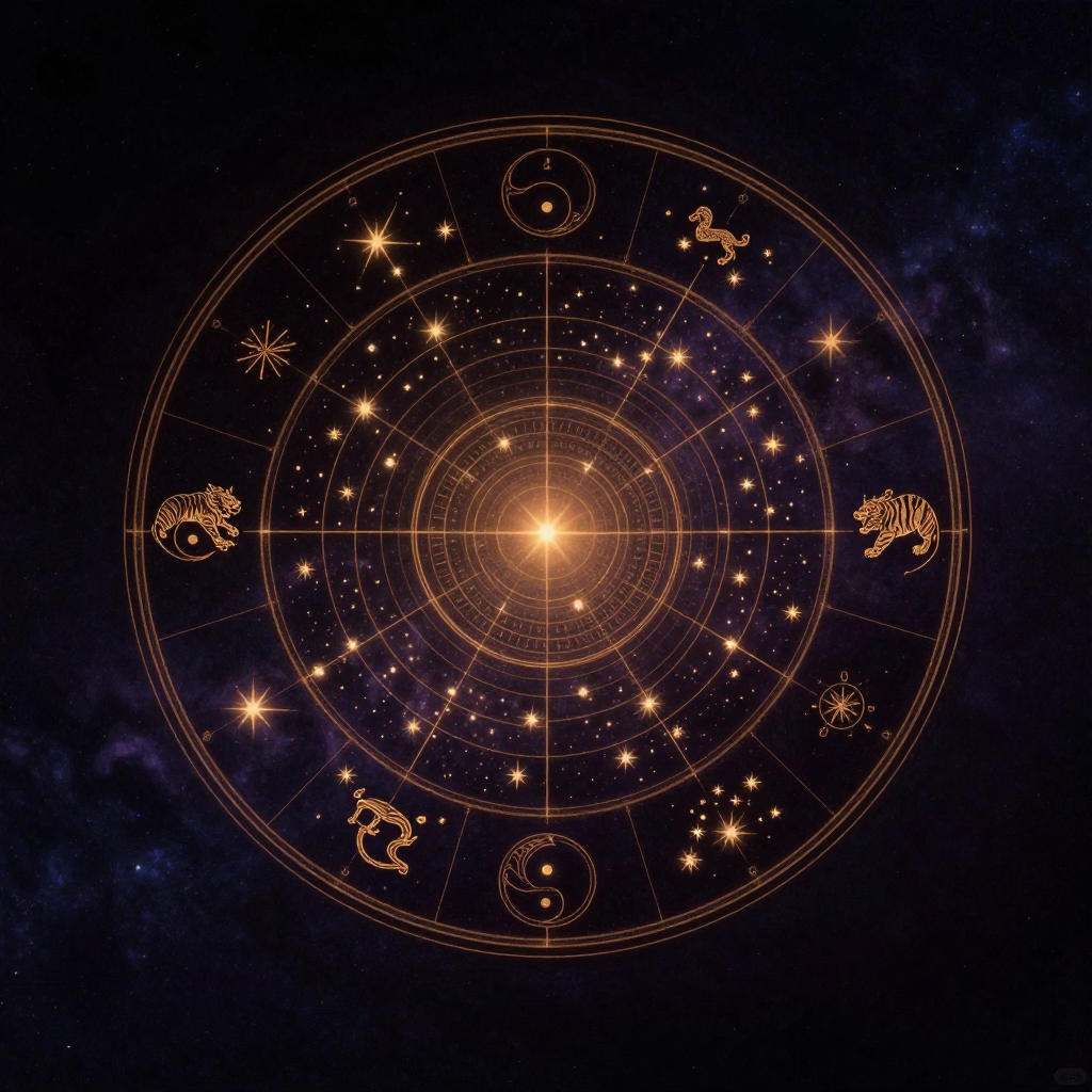 星宿：一幅圆形古星图静置于空旷处，图内沿赤道排列二十八组星官，每组由数颗细星构成，主星略大，四象方位（青龙、白虎、朱雀、玄武）