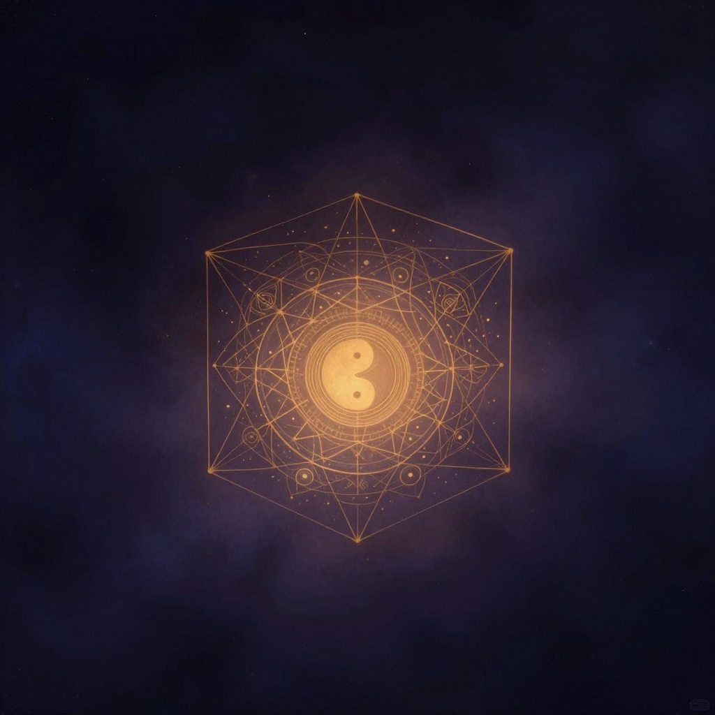 形式：一个半透明的立方体框架悬于空旷中，框架线条清晰柔和，内部有隐约流动的雾气与微光，四周大片留白，雾气是画面中唯一的微光来源