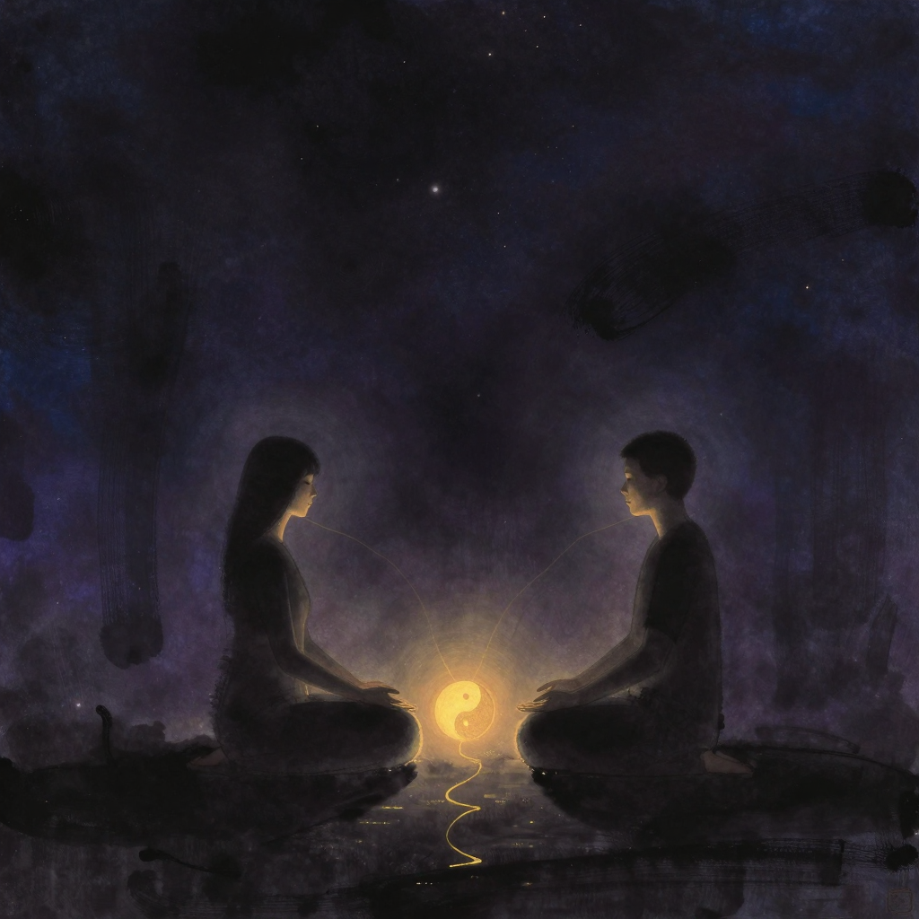 同步行为：两人相对而坐，一人刚交叉双腿，另一人紧随其后微微调整成相似姿势；两人的手在膝上以不同但相近的节奏轻触；四周大片留空，唯两