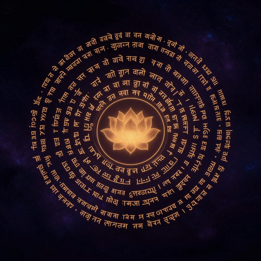 诵经：一串清晰的梵文经文字符环绕成螺旋状，字符疏密有致、笔划可辨，螺旋中心静驻一朵半开的莲花，四周大片空处，螺旋是画面唯一的微