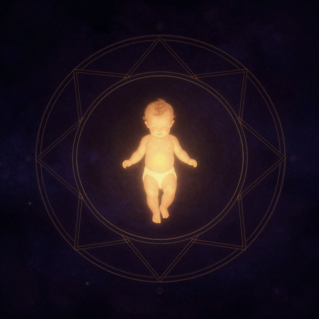 儿童原型：一个发光的圣婴或幼童悬浮于圆形曼陀罗中心，光芒柔和而深邃，姿态纯真宁静，眼神透出远古智慧，四周大片空旷，曼陀罗轮廓清晰简