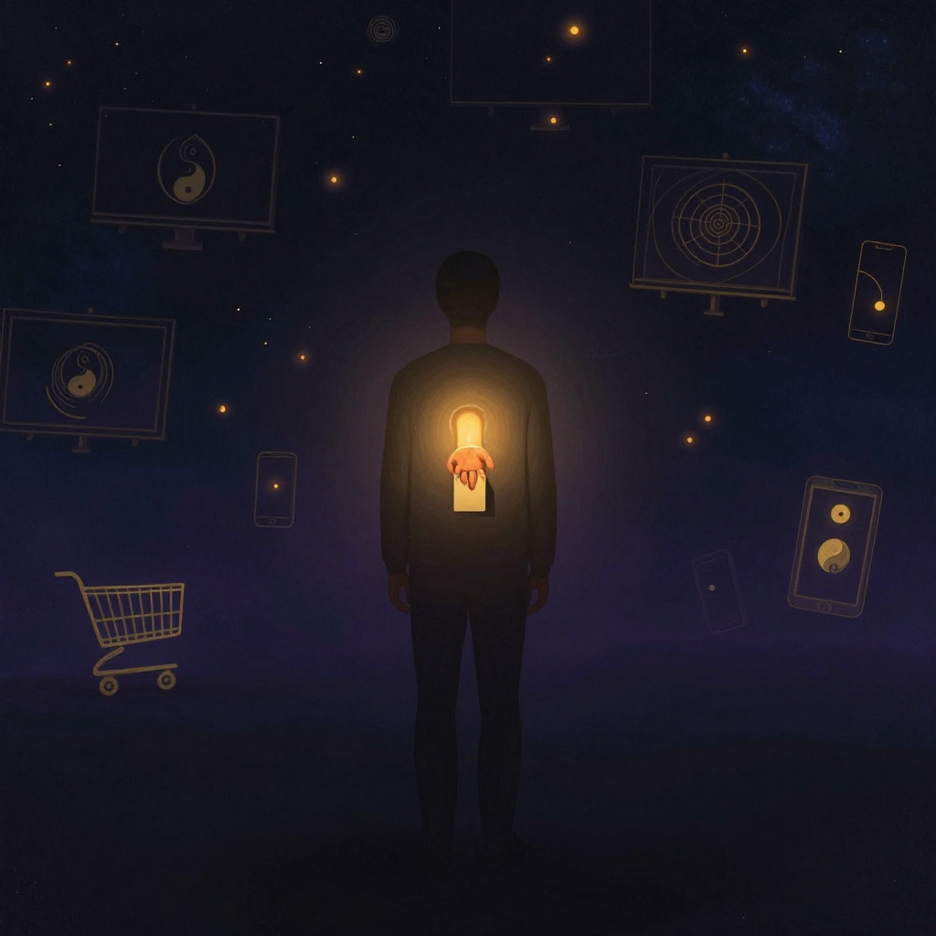 虚假需求：一个人立于大片空旷中，胸口有一处清晰的空洞，空洞中伸出一只戴着价格标签的手，周围散落着广告牌轮廓与手机屏幕剪影，购物车的