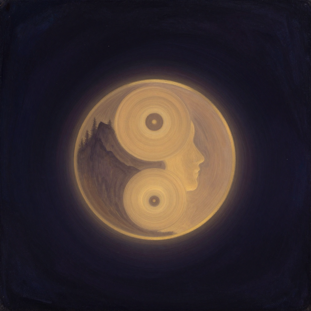 谢林：一个半透明的发光圆环悬浮于大片空处，环内一侧是山峦树影的自然轮廓，另一侧是柔和的人侧脸剪影，二者在环的中心交融为一片柔亮