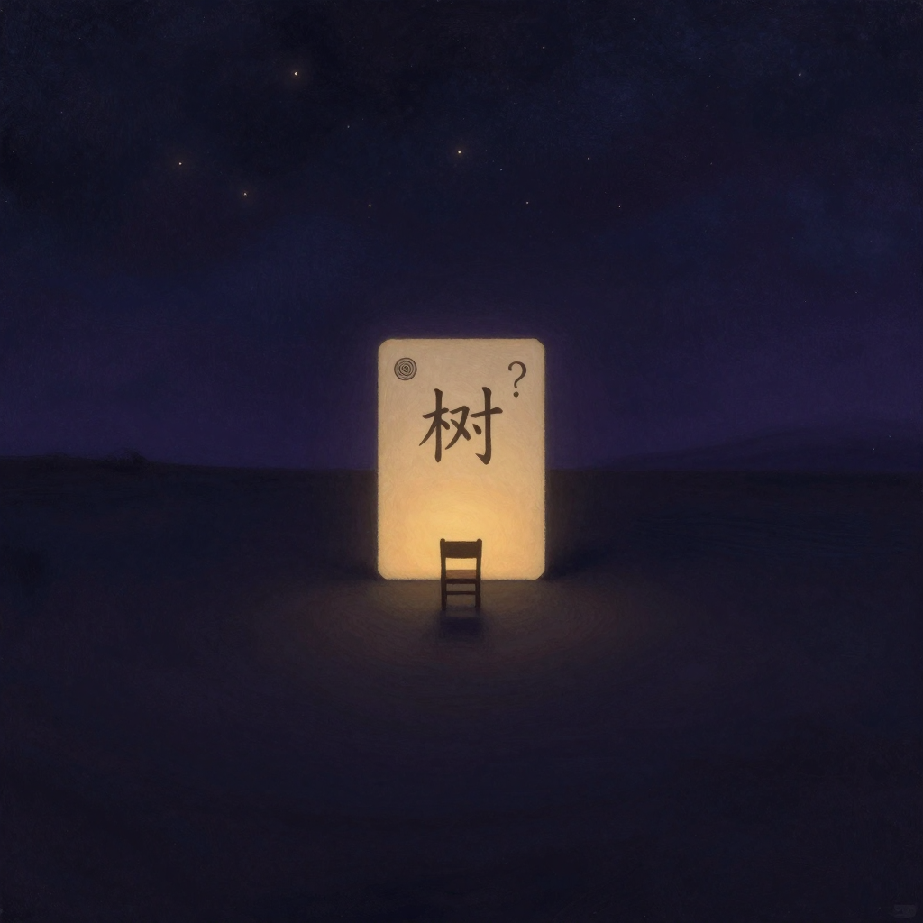 能指：一张旧卡片静立画面中央，卡片上写着一个清晰的「树」字，字旁画着一个问号；卡片前方不远处放着一把空椅，椅面朝向卡片，二者之