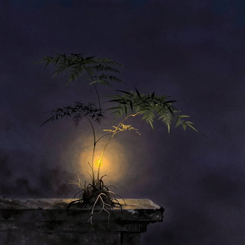 阴虚型：一株文竹盆栽置于空旷石台，根系浅而松散，部分露出土面，茎叶向一侧倾斜散开，缺乏直立主干，整体形态松散模糊，四周大片留白