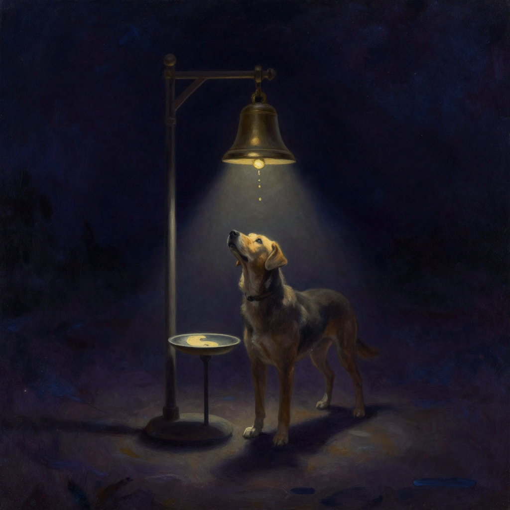 条件性情绪反应：一只实验犬立于经典条件反射装置的束缚架前，食盘在前，束缚架上方悬着一只铃，狗微仰头，唾液滴落，四周大片空处，铃是画面唯一