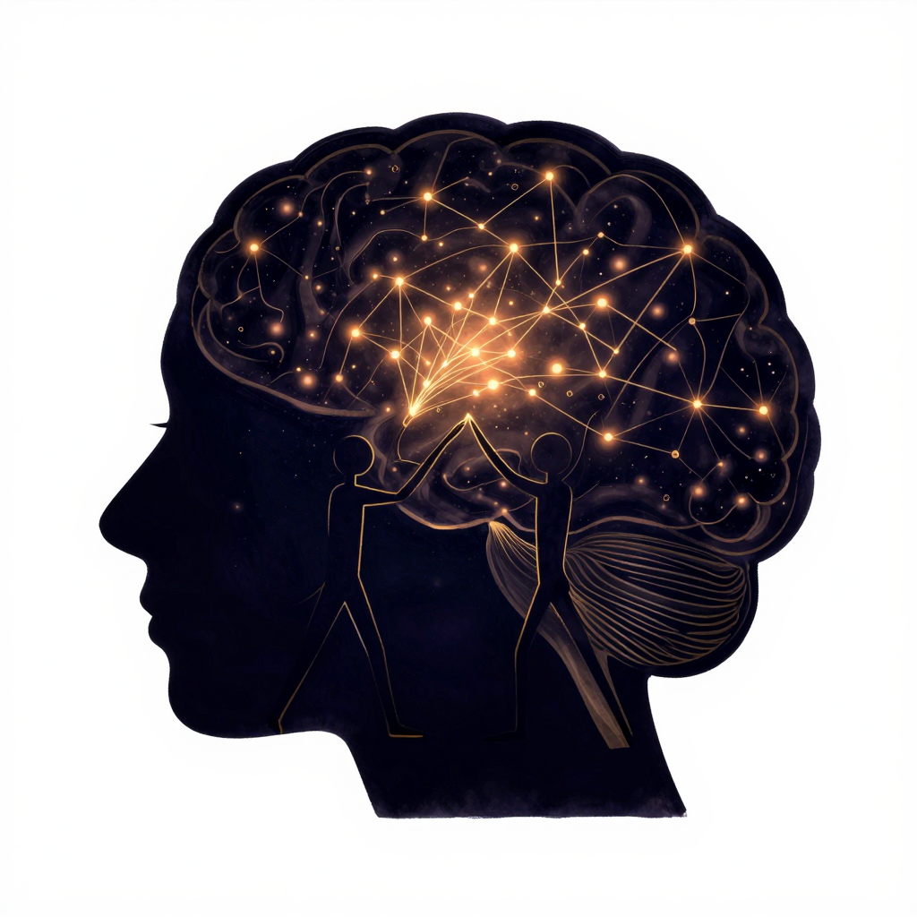 模仿学习：一个大脑轮廓的剪影内，两个相对而立的火柴人剪影，一个抬起手臂，其脑中的神经信号路径通过闪烁的节点传入另一个火柴人的脑中，