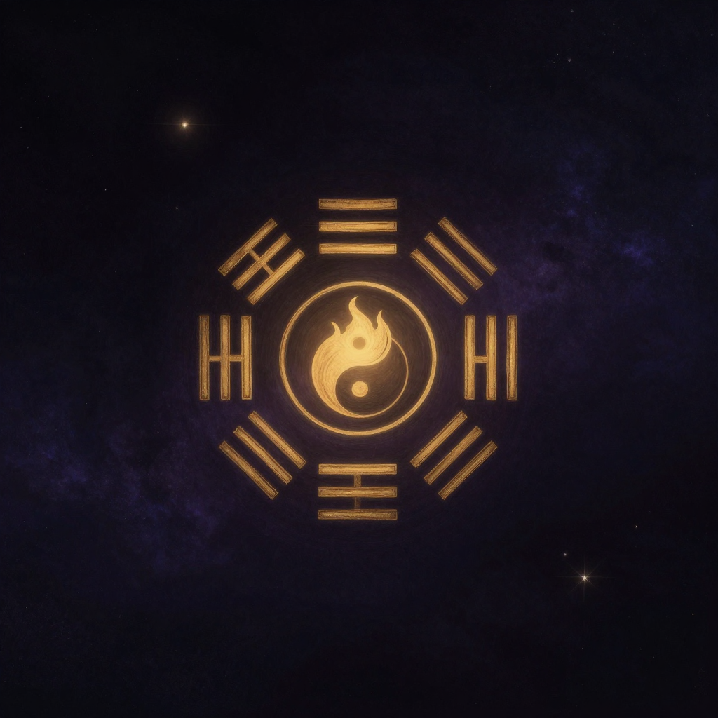 水火既济：一幅坎上离下的卦画悬于大片空处，上卦为水（坎☵）由三条阴爻夹一条阳爻构成，下卦为火（离☲）由两条阳爻夹一条阴爻构成，卦画