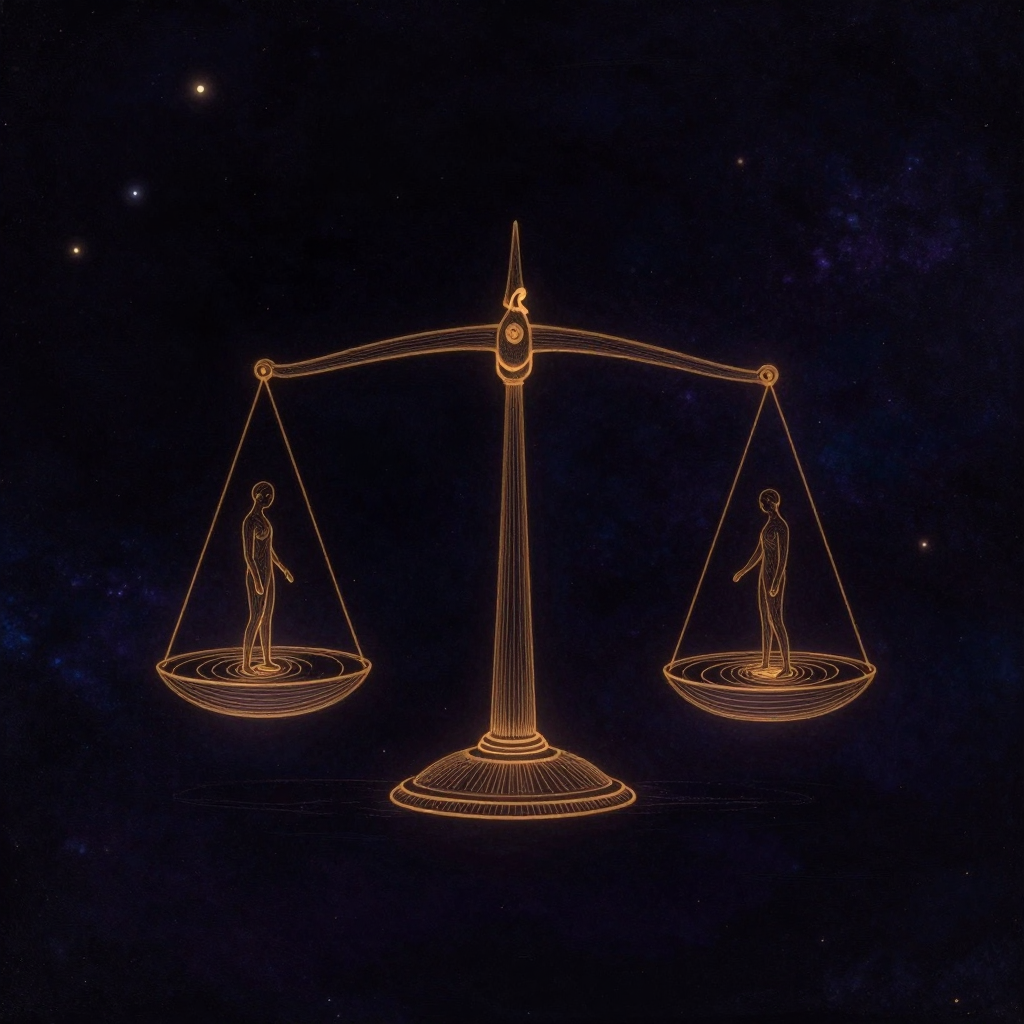 比较心理：一架旧天平横亘于空旷之中，两端各立一个抽象无性别的小人，一侧小人脚下垫高，另一侧低落，天平横梁保持水平但两端高度参差，背