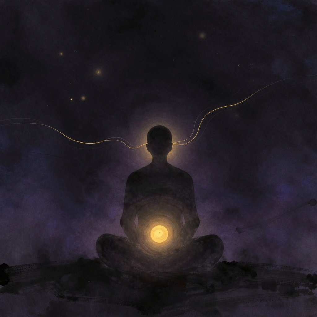 火呼吸：一个盘坐的背影，腹部轮廓清晰可见，正随快速节律呼吸而起伏波动，鼻翼两侧有极细的流动线条暗示气流进出，四周大片空处，腹部是