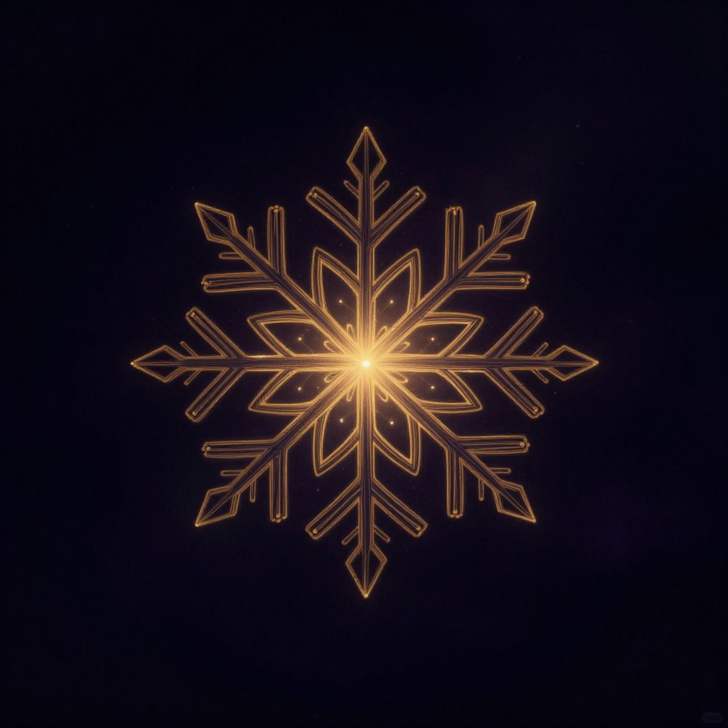 同构性：一片科赫雪花悬浮于空旷深色中，其等边三角形边上的凸起不断重复，形成局部与整体结构一致的自相似图案，一小簇微光落在雪花的中