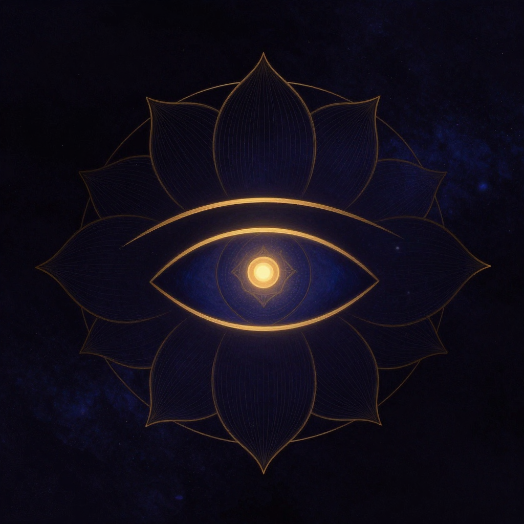 Ajna Chakra：一只竖直的深蓝第三眼静置于画面中央，双眉线在其两侧隐约延伸，上方与下方各有一瓣莲花瓣轻拢，背景大片空旷，余无一物，第三眼
