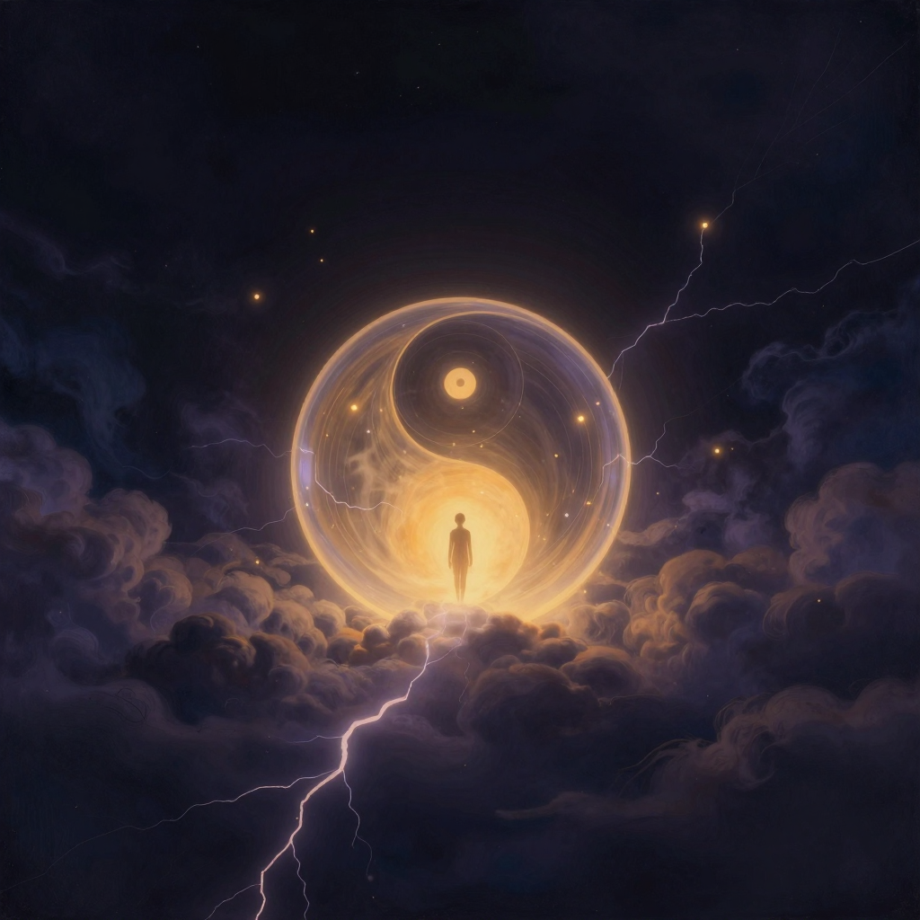 情绪清明：一个透明圆形空腔悬浮于翻涌的云团与缠绕的闪电之间，空腔内绝对平静清晰，中心隐约有一个微小的人形静立，风暴在外围剧烈旋转却