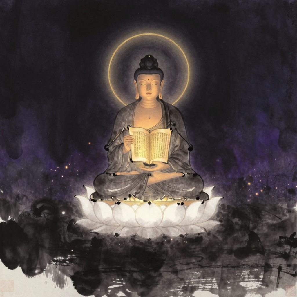 大智度论：龙树菩萨头有肉髻、身着僧衣，双手捧一卷展开的梵文贝叶经，端坐于白色莲花座上；身后有一圈淡金色半透明、边缘模糊的空灵圆环；
