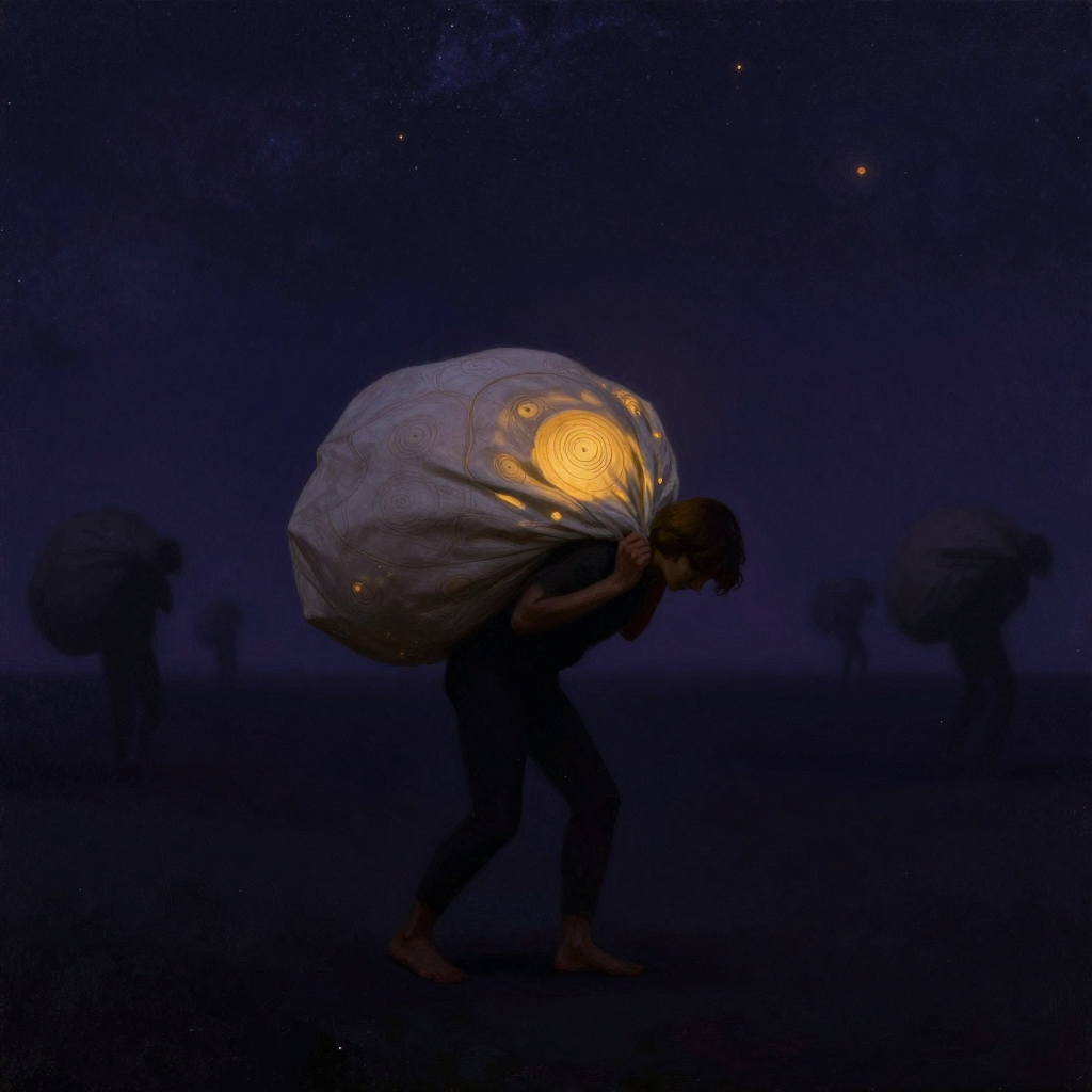 责任负荷：一人背负巨大包袱，身体前倾、呼吸急促，包袱明显超出其身形，四周空旷，背景有数个模糊的他人剪影，画面焦点在人物与包袱之间的