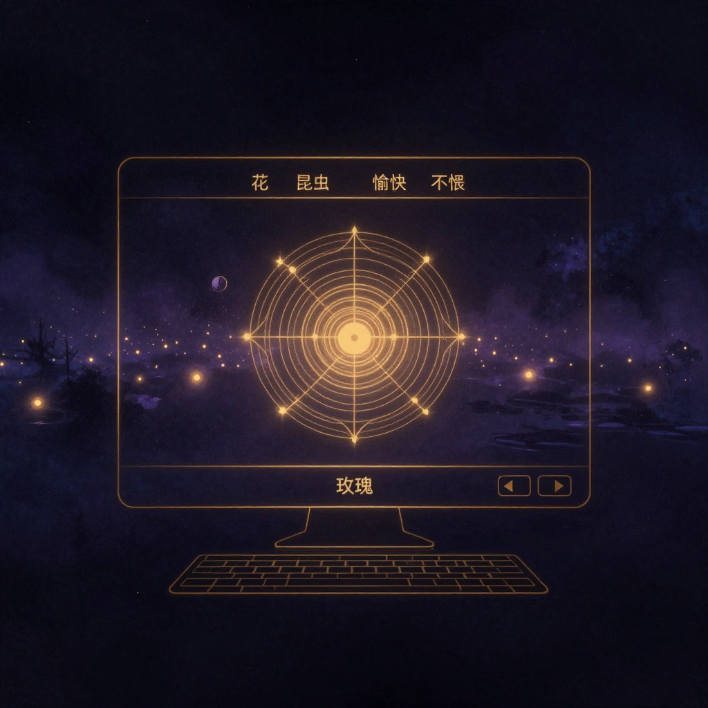 内隐联想测验：一台电脑屏幕居中，上方并列两个分类标签（“花”与“昆虫”、“愉快”与“不愉快”），下方浮现一个待分类单词（如“玫瑰”），