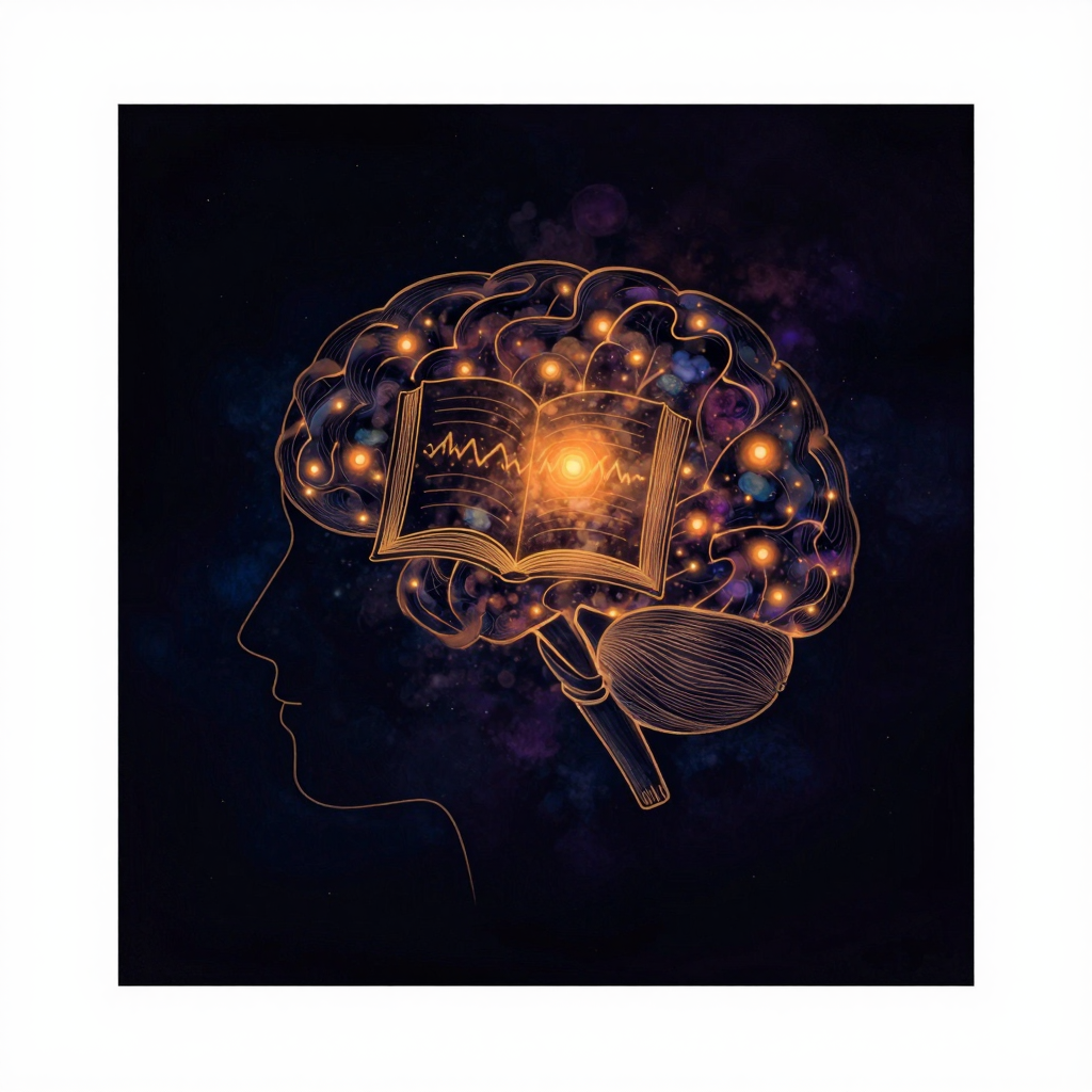 教育神经科学：一个清晰的大脑侧面轮廓占据画面中心，内部浮现一本打开的书本轮廓，书本页面上隐约有起伏的波形图样；大脑周围环绕若干不规则的