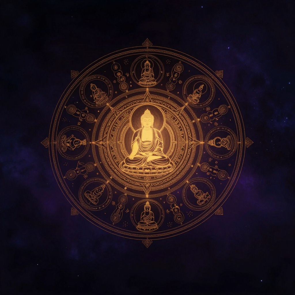 唐密：一幅圆形对称的曼陀罗，中心为大日如来坐姿，四方各安坐一佛（阿閦、宝生、阿弥陀、不空成就），周围环绕众多菩萨与天部，结构以