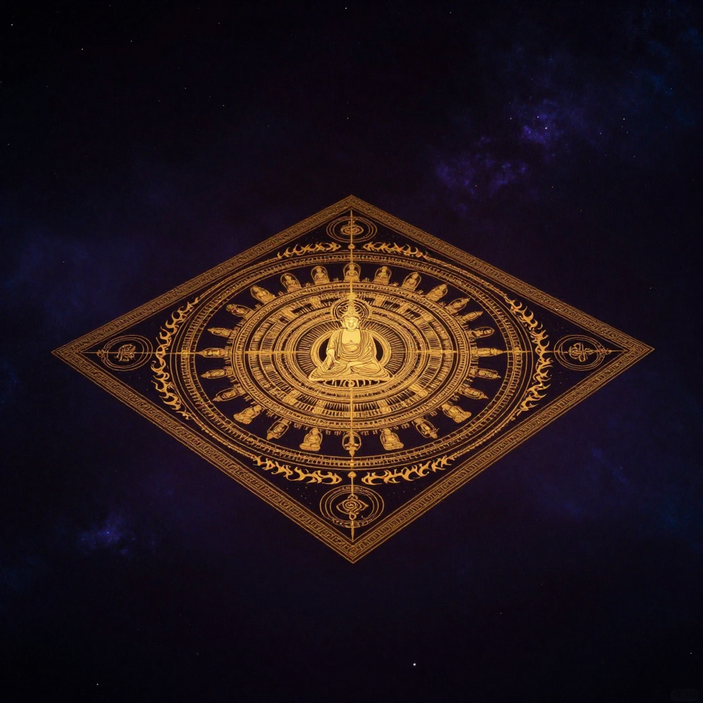 金刚界曼陀罗：一幅由极细金线绘成的正方形坛城，中心为白色结智拳印的大日如来，内院及外院层层嵌套，每院布满对称的菩萨坐相与金刚杵纹样，边