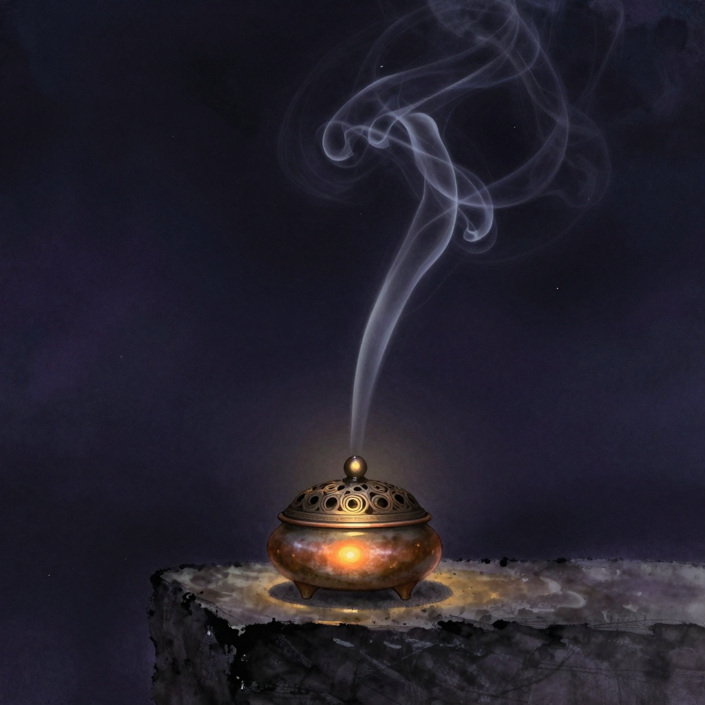 气分：一只简约铜香炉静置石台，一缕青烟自炉中袅袅升腾，至半空自然分化为三股纤细的烟流，三股烟流虽各自蜿蜒却整体相连、互不割断，