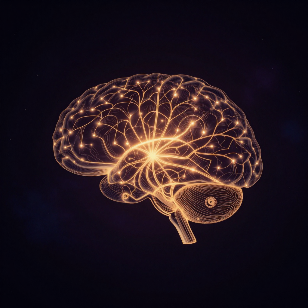 ADHD：一个半透明的大脑轮廓悬浮于空旷暗处，内部布满细密发光的神经回路，其中数条回路异常明亮且呈放射状交织向各个方向，线条稀疏不
