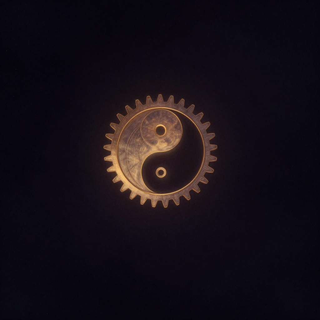 分析心智：一只精密金属齿轮静置于空旷画面中央，齿牙规则清晰、相互咬合，表面有冷调金属质感，齿轮边缘透出一缕极细微光，四周大片留白