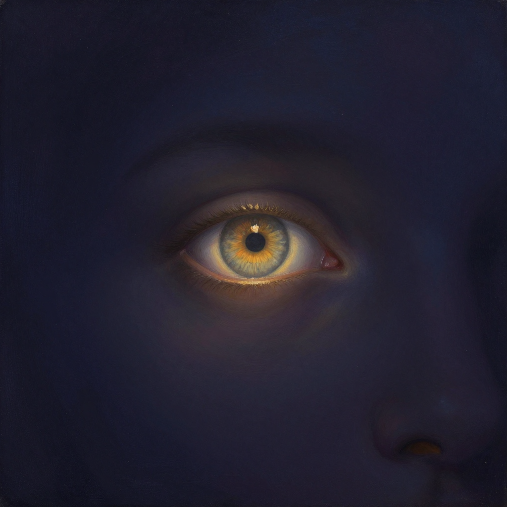惊讶：一只睁大的眼睛占据画面中央偏左，瞳孔明显扩张、虹膜纹理清晰，眼神呈现瞬间的未聚焦捕捉状态；微张的嘴半露于右下角，屏息姿态