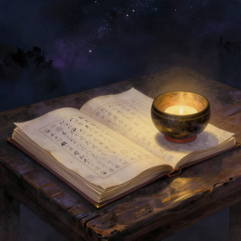 比丘戒：一叠展开的贝叶经平置于旧木案上，经页边缘参差，一端放着一只旧陶托钵，余处归于空旷，托钵内壁映出一道安然的微光