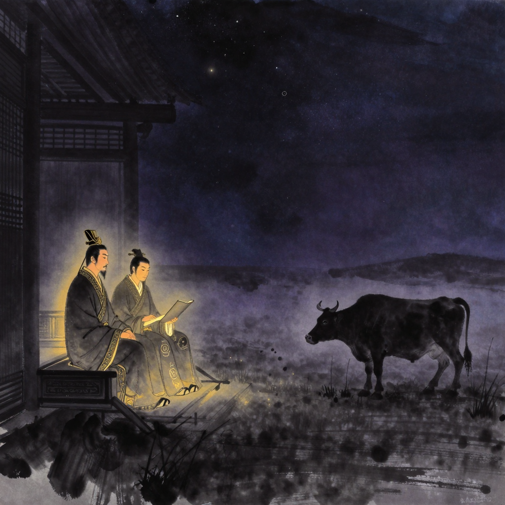 文景之治：画面左侧：汉文帝与汉景帝父子二人身着西汉早期冕服、侧身并坐于简朴宫室台阶上，文帝在前、景帝在后，执简册；画面右侧大面积留