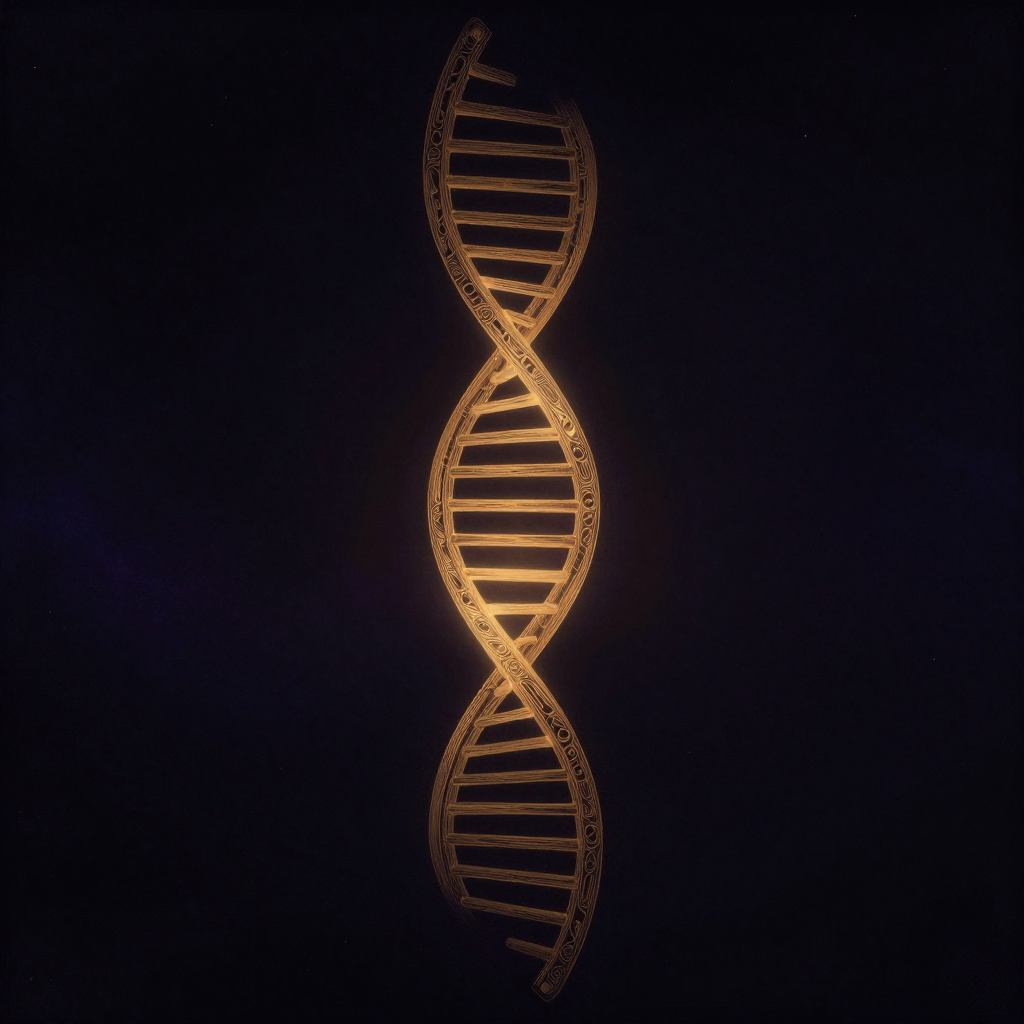 生物化学：一截DNA双螺旋悬浮于空，右手螺旋向上，外侧糖-磷酸骨架清晰，内侧碱基配对形成深浅沟槽，余处大片留白，螺旋中央透出一缕微