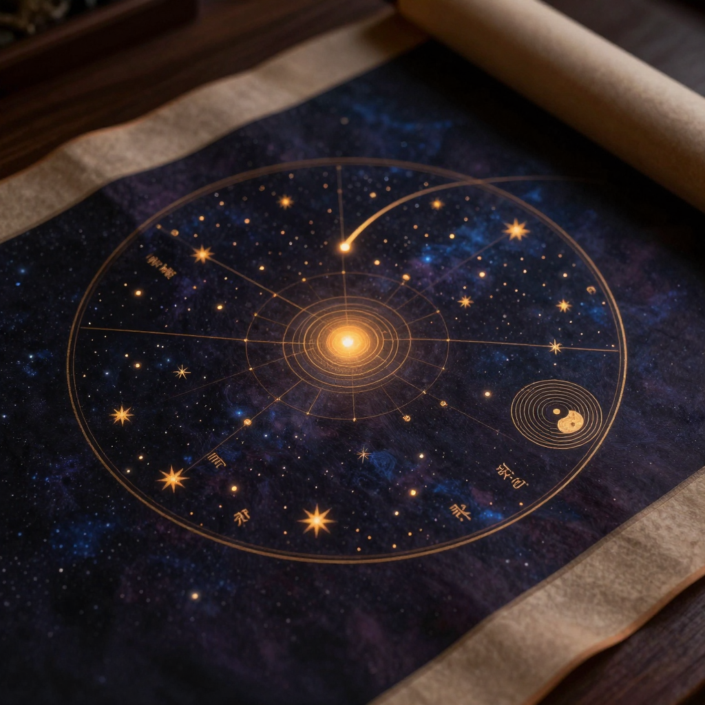 谶纬：一幅古旧绢帛上绘有北斗七星、五星连珠与一颗拖尾彗星，星体之间以细线相连，星旁缀以篆书谶语字迹，整张图卷舒展开来，余处归于
