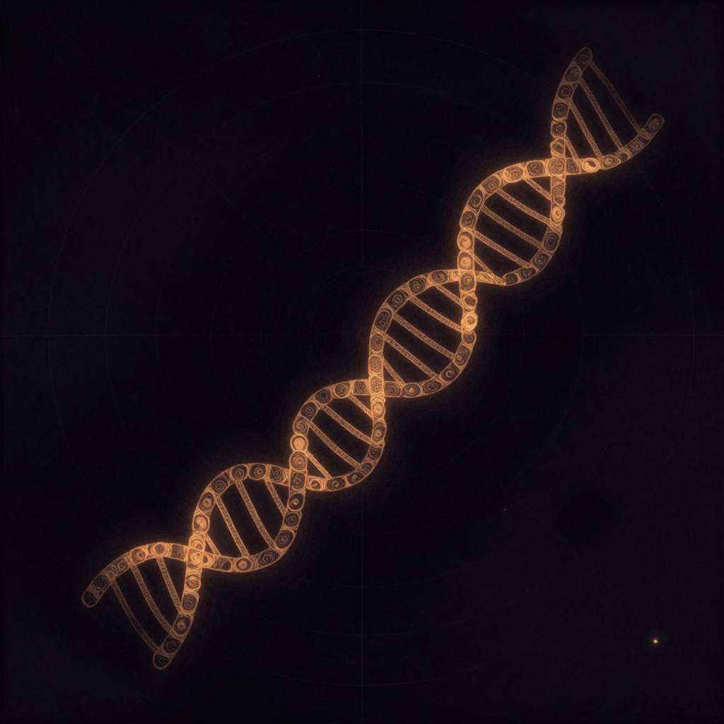 结构生物学：一条蛋白质主链以清晰的折叠样式蜿蜒于空旷深色背景中，α-螺旋与β-片层交替呈现，从N端到C端略有走向变化，背景中隐约浮现