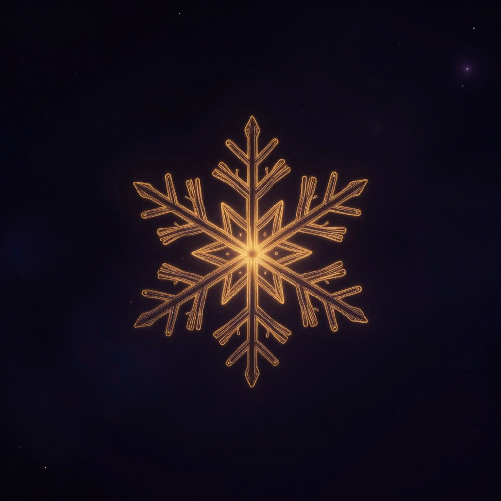 冰晶形成：一片精致的六角形雪花悬浮于空旷深处，边缘分明，六条主枝对称展开，枝上细密分枝清晰可见，雪花四周余留大片空处，一处微光落于