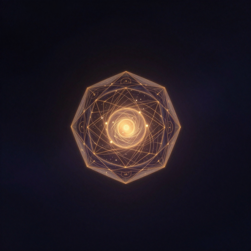 意识单元：一个半透明的多面体晶胞悬浮于大片空寂之中，内部有细微光点沿几何轨迹缓缓流动，晶胞自身发出柔和的微光，是画面唯一的亮源