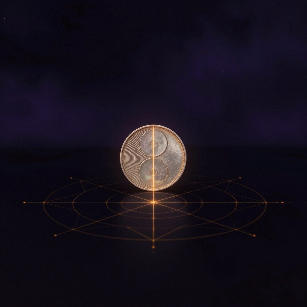 暗示：一枚旧银币竖立于空暗之中，正面刻有微细栅栏纹路，反面光洁，币身正中有一道极细光丝从缝隙穿过、连接两面，四周大片留白