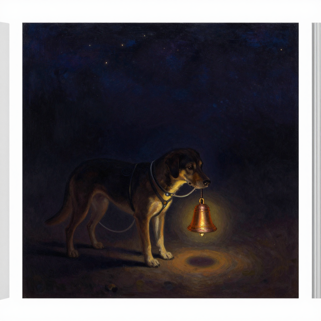 条件刺激：一只实验犬立于空旷之中，束缚带轻绕其身，颈侧连有收集唾液的细管；前方悬着一只孤立的铜铃，犬的嘴角微微湿润，视线转向铃铛而