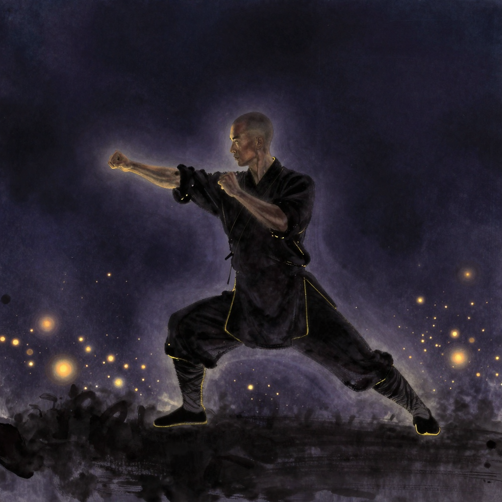 外家拳：一位少林武僧摆出刚猛的弓步冲拳姿势，双臂肌肉线条分明，拳势凌厉向前，身形稳定如桩，立于空旷之中，衣襟一角微微扬起