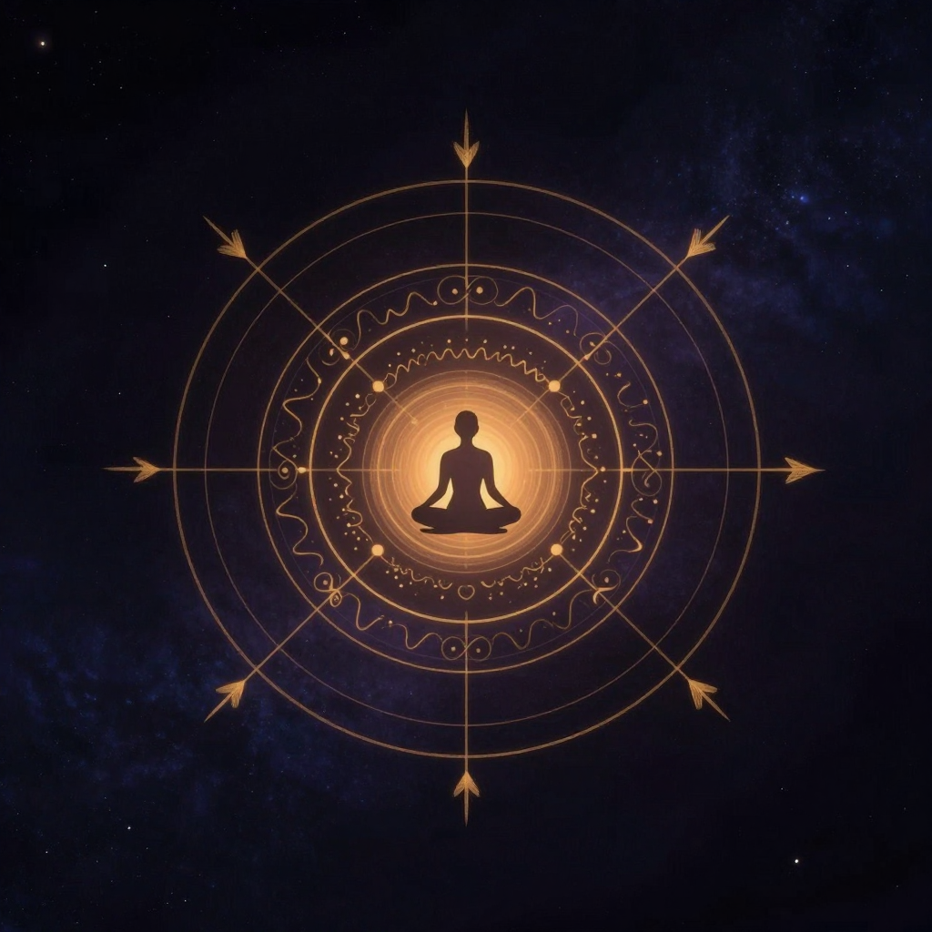 多维评估：中心一个安然端坐的小人剪影，四层同心圆环绕展开，内层标注骨骼轮廓，第二层波浪与心形交织，第三层脑波与光点错落，外层无限符