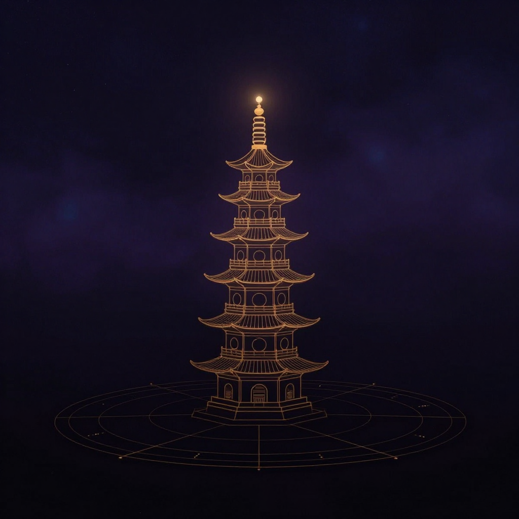 金刚顶经：一座五轮塔静立于空旷深处，从下至上依次为方形、圆形、三角形、半月形、宝珠形，轮廓清晰，塔身隐入大片空寂，塔顶端宝珠处透出