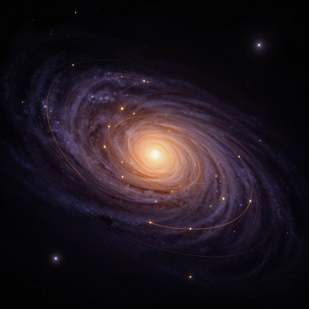 根本秩序：一片空旷深色中，一个半透明螺旋星系缓缓悬转，旋臂柔和展开、疏密有致，中心一粒微光如核心，四周大片留白，旋臂边缘渐隐于空处