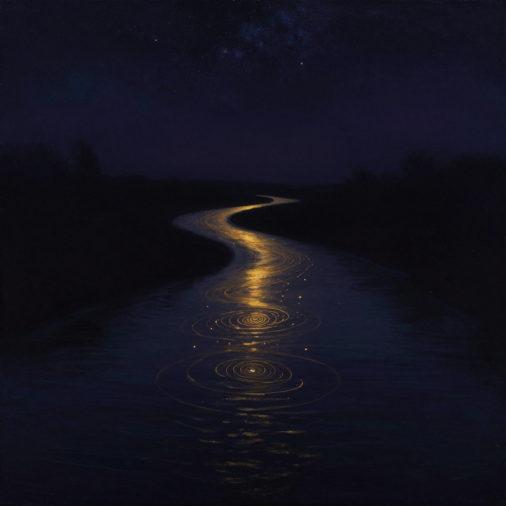 路径：一条蜿蜒的河流从近处流向远方，河面映照出深邃的星空，水流中可见螺旋状光迹回旋而上，河岸与四周隐入大片空处，河面是画面唯一