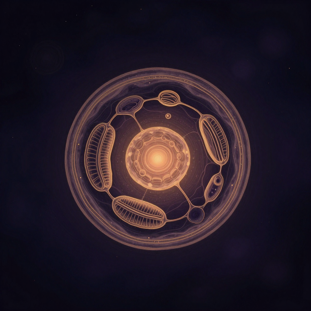 细胞生物学：一个经典动物细胞结构悬浮于空旷深色空间，细胞膜呈现磷脂双分子层轮廓，内部可见双层膜线粒体（内膜折叠嵴）、圆形细胞核（含核