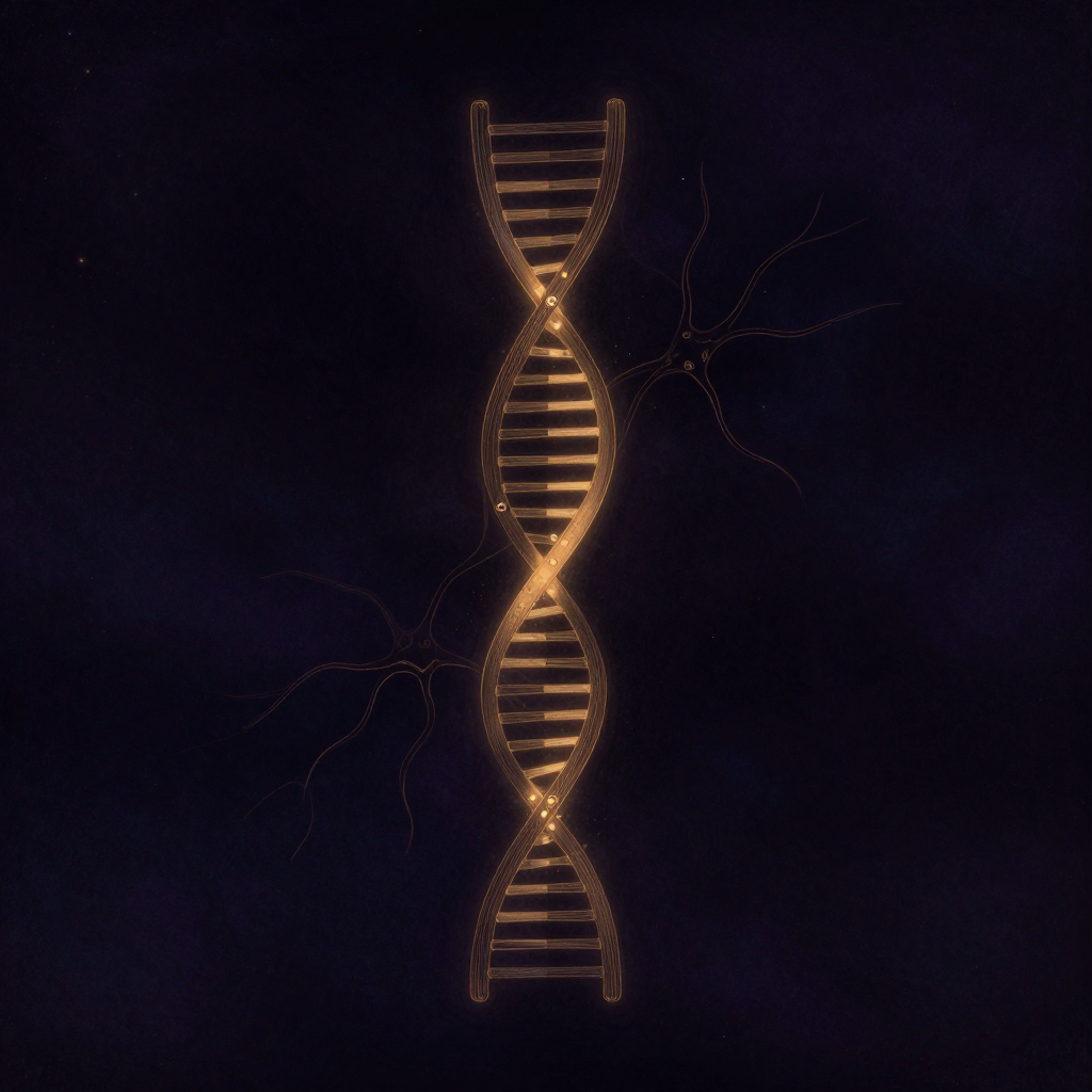 分子标记：一段DNA双螺旋从深色背景中浮现，螺旋上散布着数个清晰的甲基化标记（小圆点状修饰），螺旋一侧隐约有神经元突触的轮廓延伸，