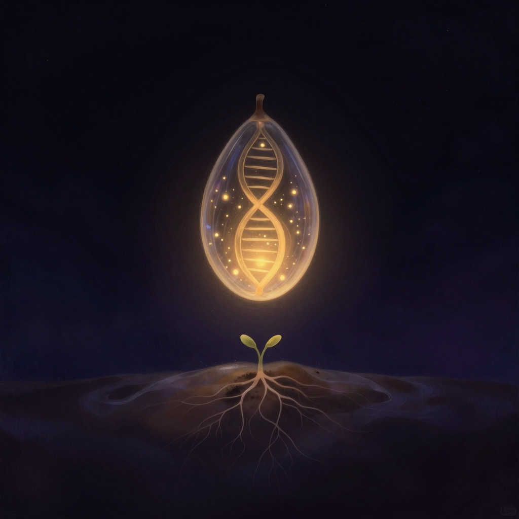种子法则：一粒半透明种子悬于空阔中，内部螺旋状光点如基因链流转；下方抽象意识土壤呈渐变半透明状，根须向下扎入土壤，嫩芽向上破土而出