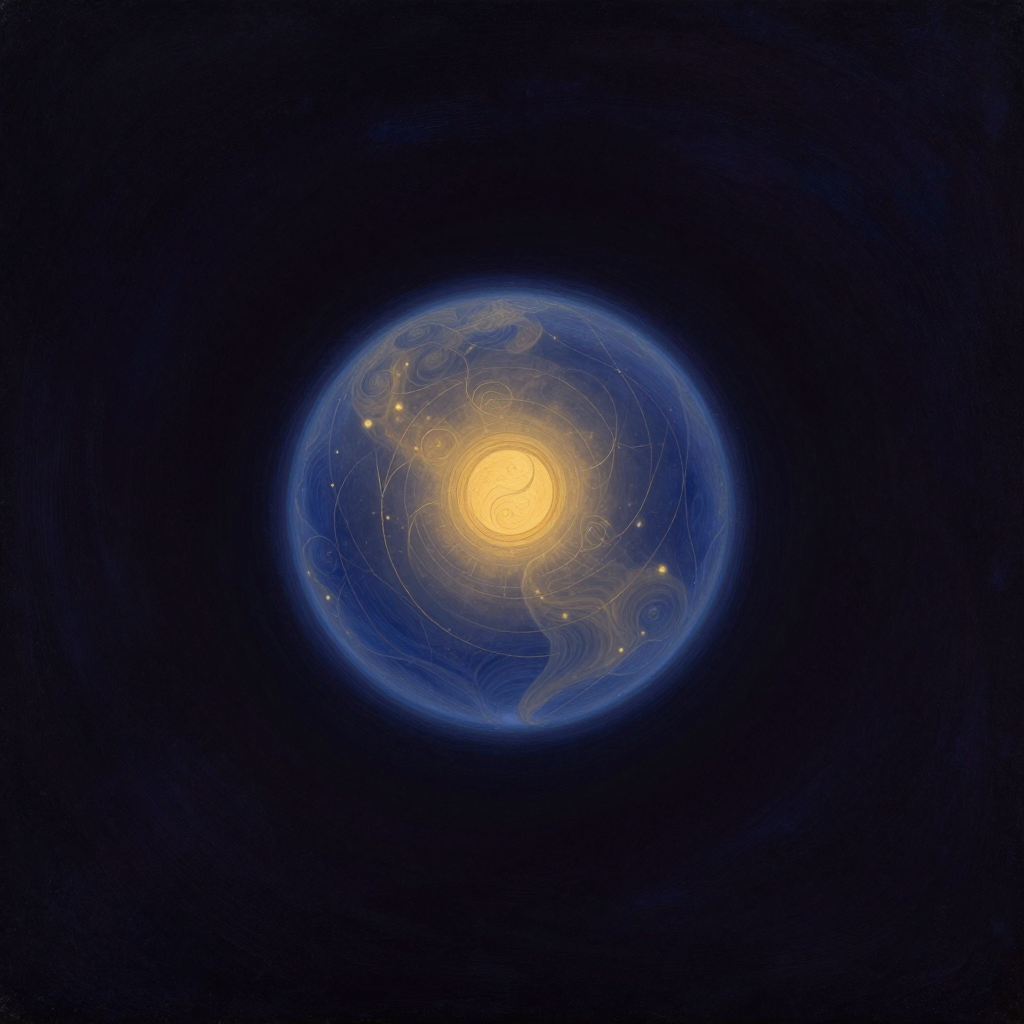 詹姆斯·洛夫洛克：一颗蓝色星球悬浮于大片空处，其表面被一层薄而半透明的发光膜缠绕，膜上隐约有细微脉络如叶脉蔓延，仿佛在缓缓呼吸，四周空无一
