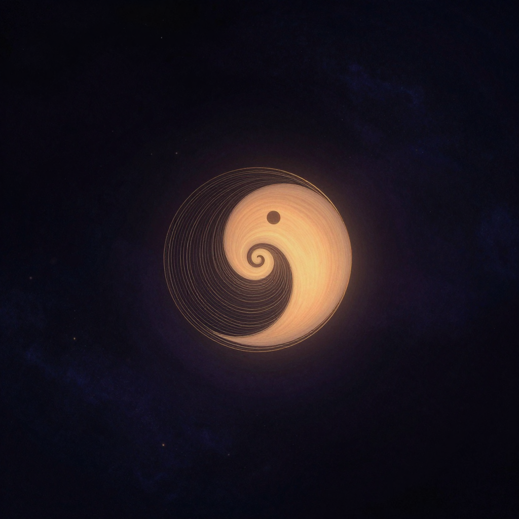霍皮语：一枚螺旋环悬浮于空旷之中，环身从粗粝的暗面逐渐过渡到光滑的亮面，开口端朝向远方，环内空无一物，螺旋的开口处透出一缕极细微