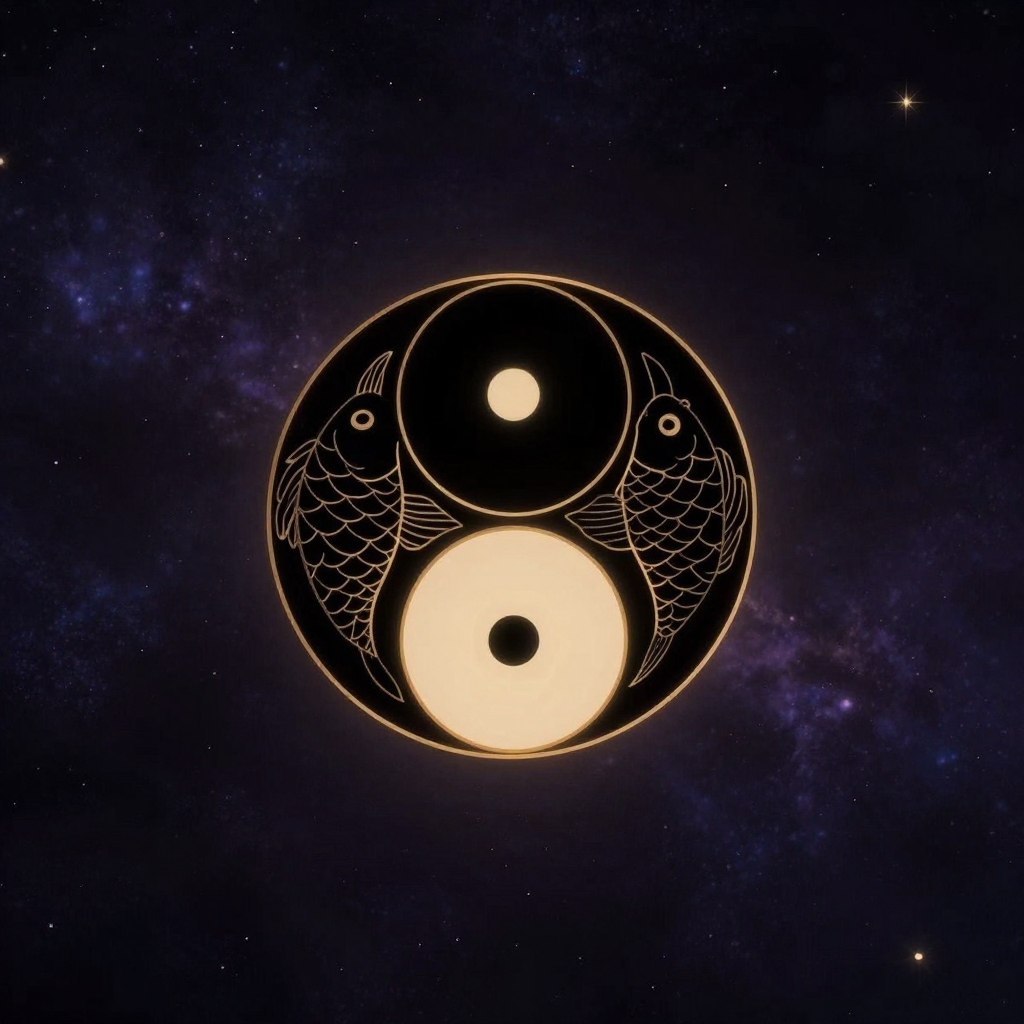 阴阳能量：一幅干净的黑白太极图位于画面中央，双鱼互抱旋转，S形曲线流畅对称，黑鱼有白睛、白鱼有黑睛，整体置于大片空旷深色底中，无任