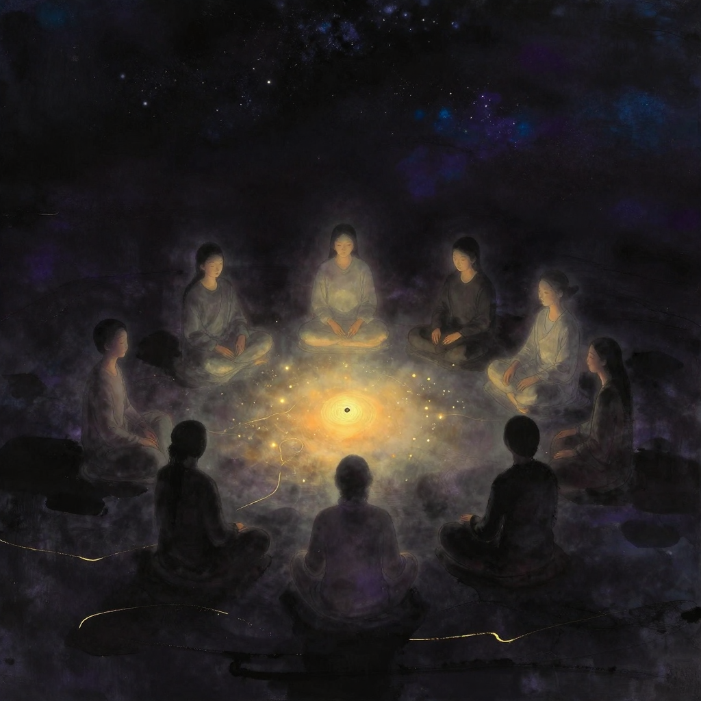 觉性场域：数个人形放松闭目围坐成圈，圈中央是一团柔和半透明的光晕，光晕内细微光点无方向地自然流动，人物与光圈隐入大片的空旷中